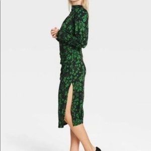 Who What Wear Green Black Floral Print Women's Puff Long Sleeve Dress NWT